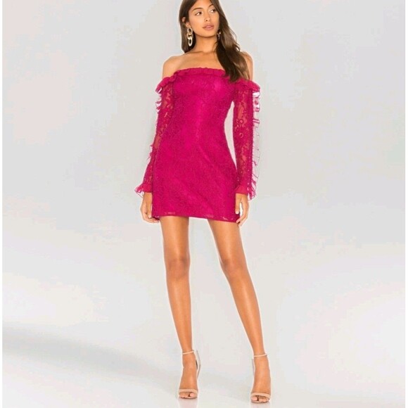 Lovers + Friends Leo Mini Dress Dark Maroon Pink Lace Ruffle Off the shoulder XS - Picture 1 of 8